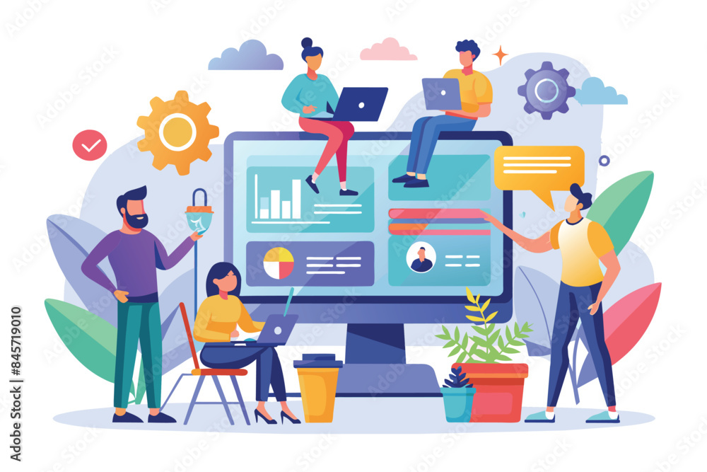Poster illustration of a diverse team working together on a large desktop computer displaying various data 