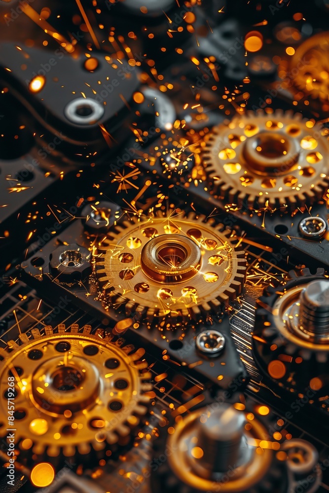 Aufkleber fiery sparks close up synchronizing gears in motion with blurred background, space for text