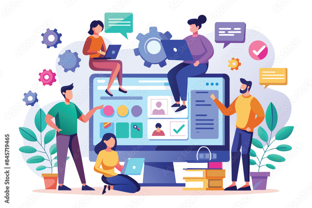 Poster an illustration depicting a diverse team of people working on a website design and development proje