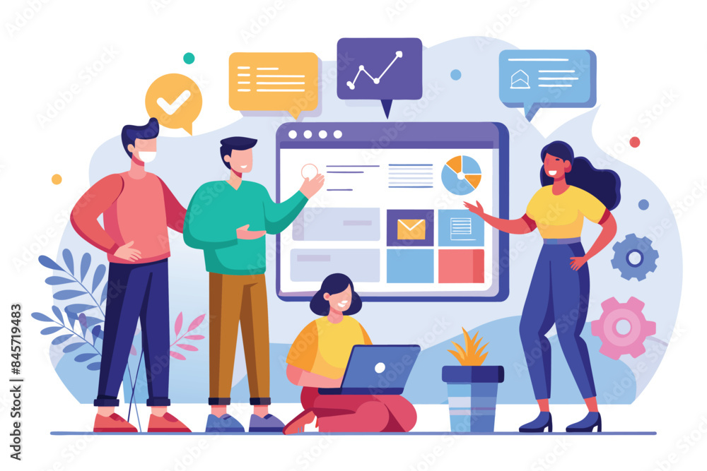 Poster a team of diverse individuals collaborates to analyze website data and metrics displayed on a comput