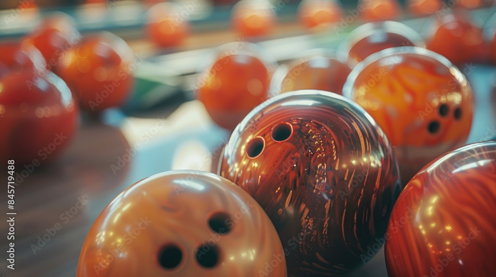 Poster a collection of bowling balls placed on a table, useful for various scenarios where bowling or sport