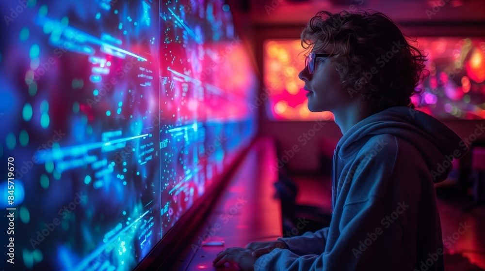 Poster a student in a holographic social studies class interacts with an interactive display, learning abou