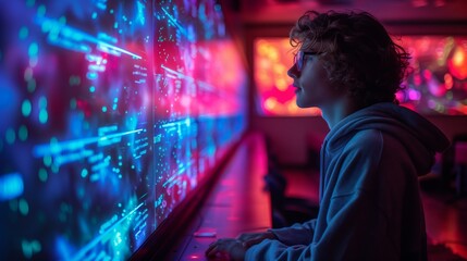 A student in a holographic social studies class interacts with an interactive display, learning about the past.