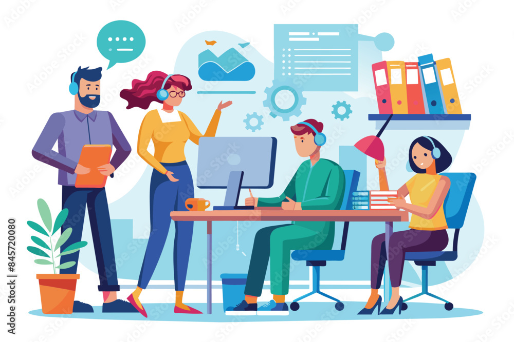Poster an illustration of four coworkers working together in an office setting. one sits at a desk using a 