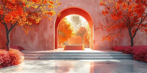 in natural daylight an abstract autumn scene consists of geometrical forms an arch with a podium...