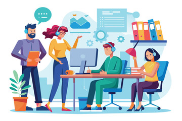 An illustration of four coworkers working together in an office setting. One sits at a desk using a laptop while another stands and points at a monitor screen displaying graphs.
