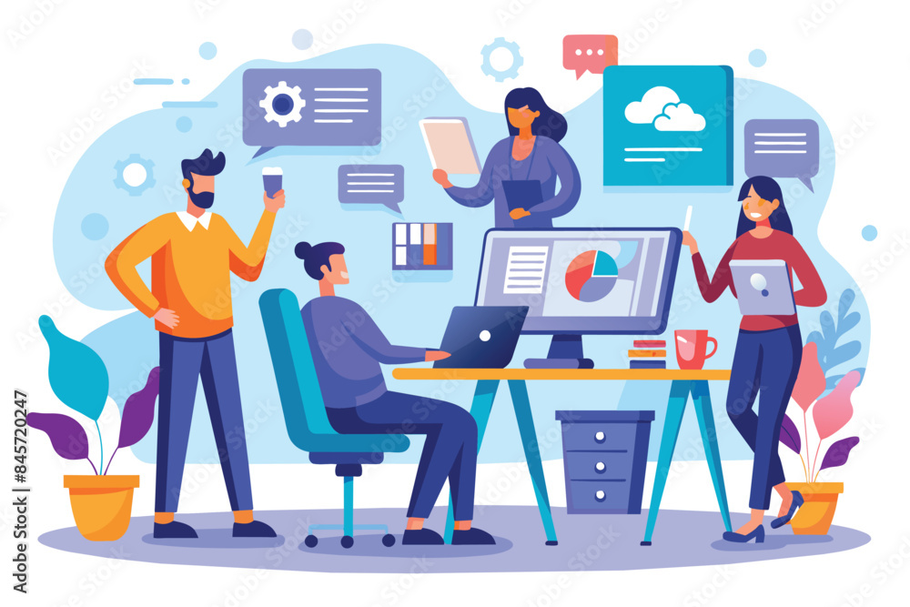 Poster an illustration of four coworkers working together in an office setting. one sits at a desk using a 