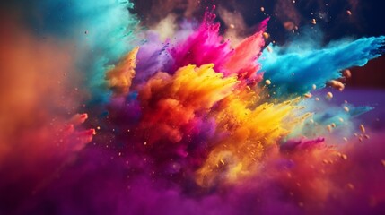 close-up shot of holi paint powder being thrown into the air, capturing the vibrant hues and dynamic motion of the festival.