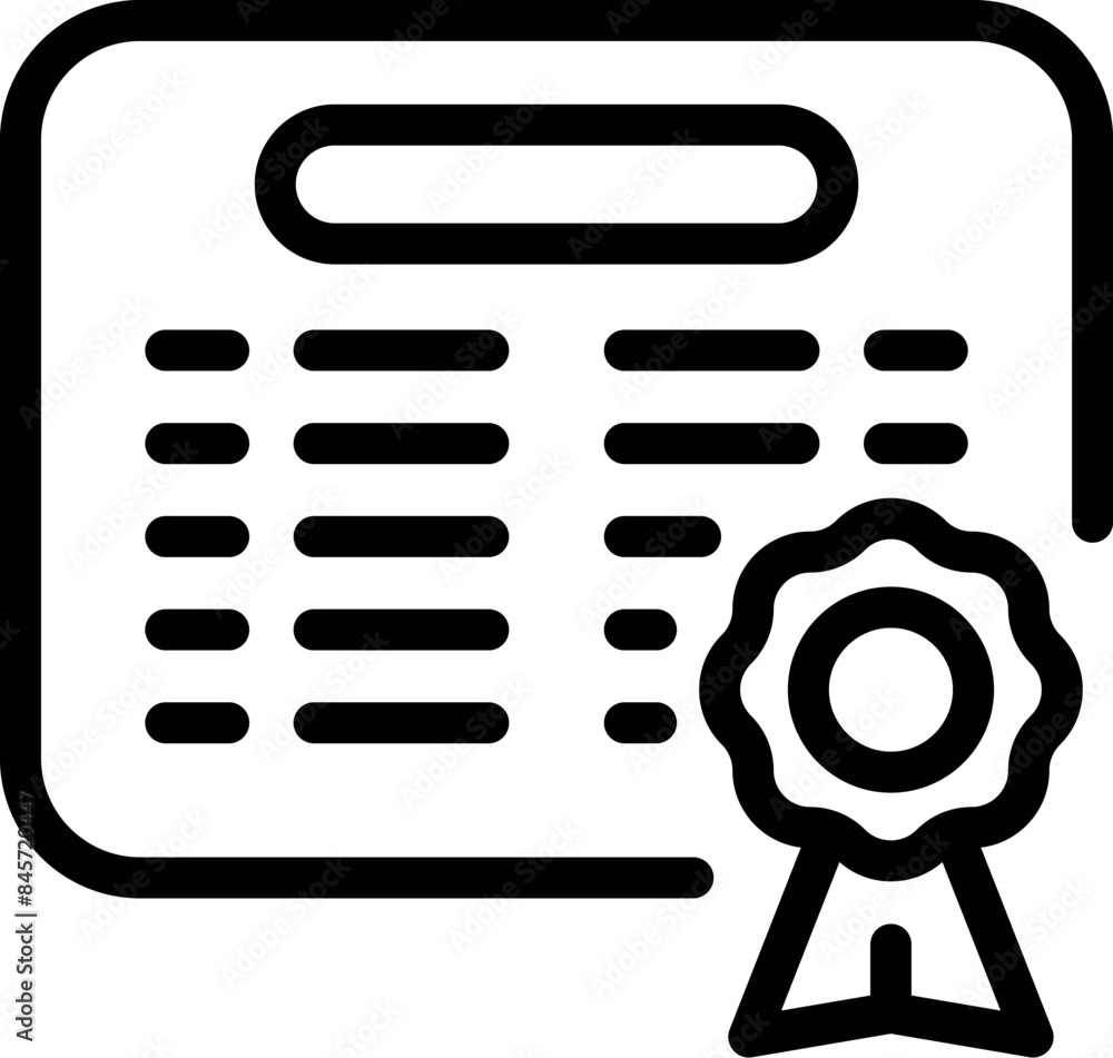 Poster line icon of a document with lines of text and a ribbon stamp representing validation of information