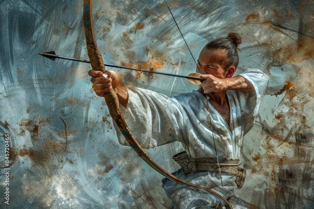 Poster a person holding a bow and arrow, suitable for use in various scenarios such as outdoor adventures o