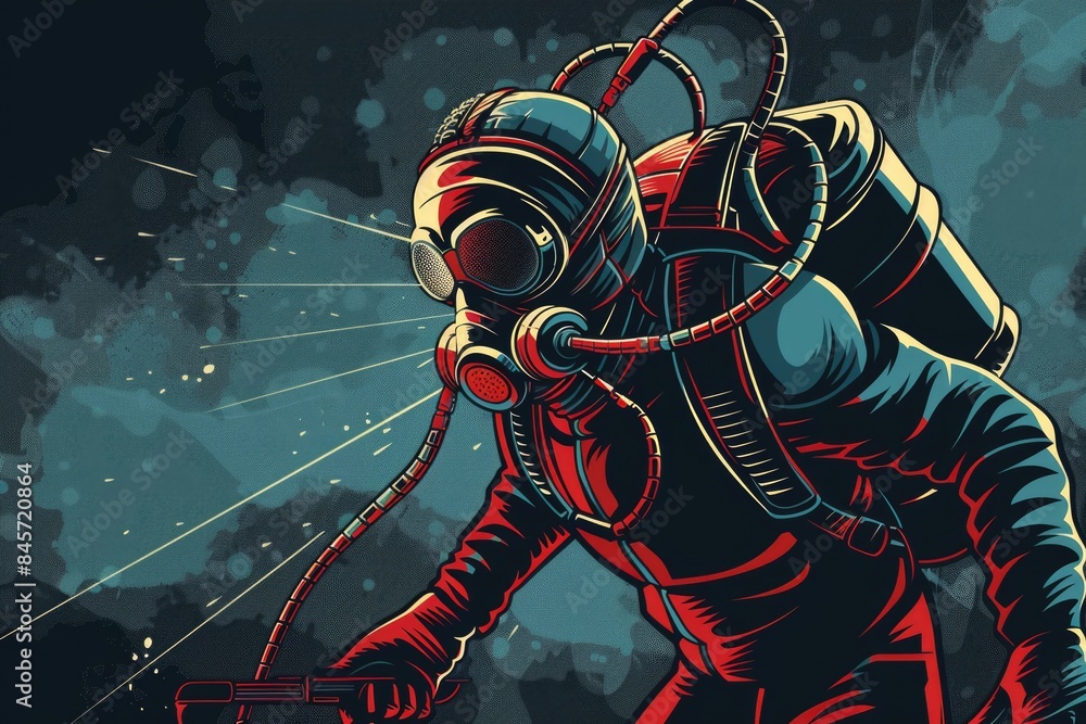 Poster astronaut wearing space suit holds a handheld radio device, possibly communicating with earth or rec