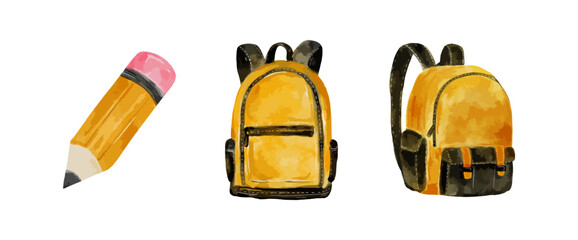 Watercolor pencil, black and yellow backpacks clipart vector illustration isolated on white background, back to school collection © abcvector