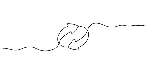 Continuous line design with arrows pointing in a circle. Single-line decorative elements drawn on a white background. Minimalist graphics of processing