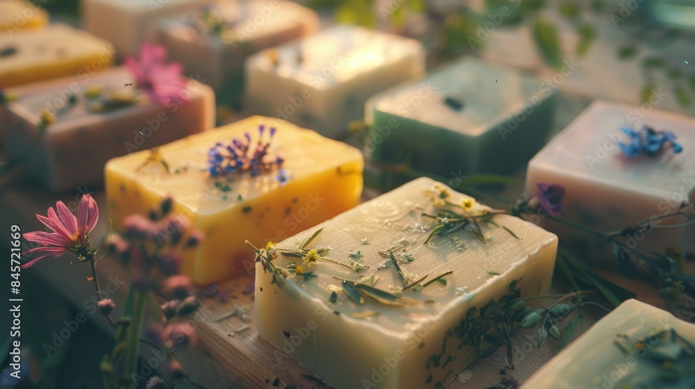 Poster A collection of soap bars arranged neatly on a table, perfect for a bathroom or spa setting