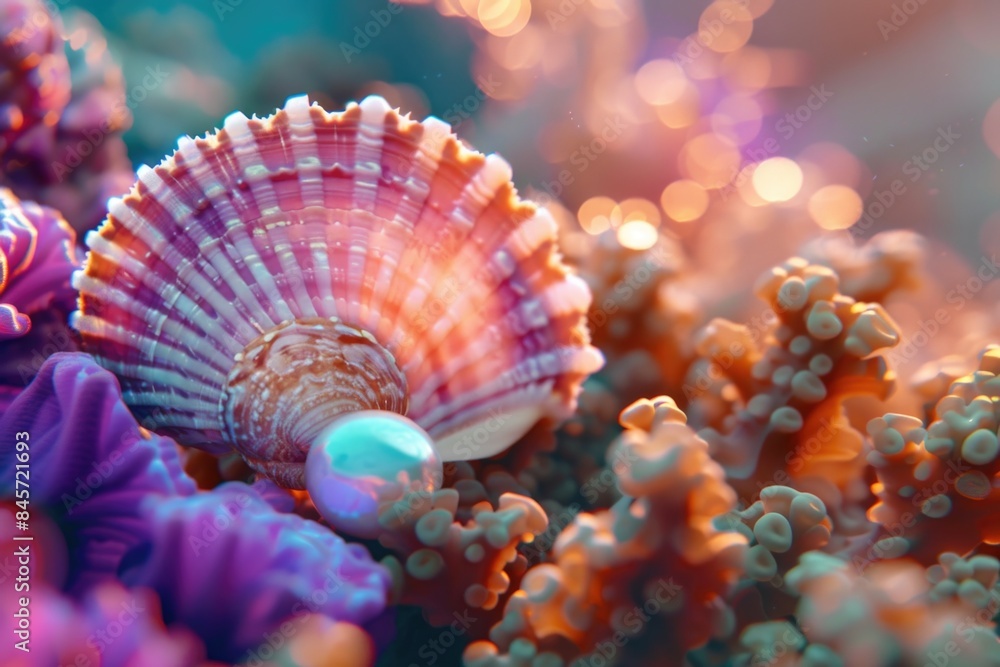 Aufkleber a detailed view of a shell attached to a coral reef, suitable for use in underwater or ocean-themed 
