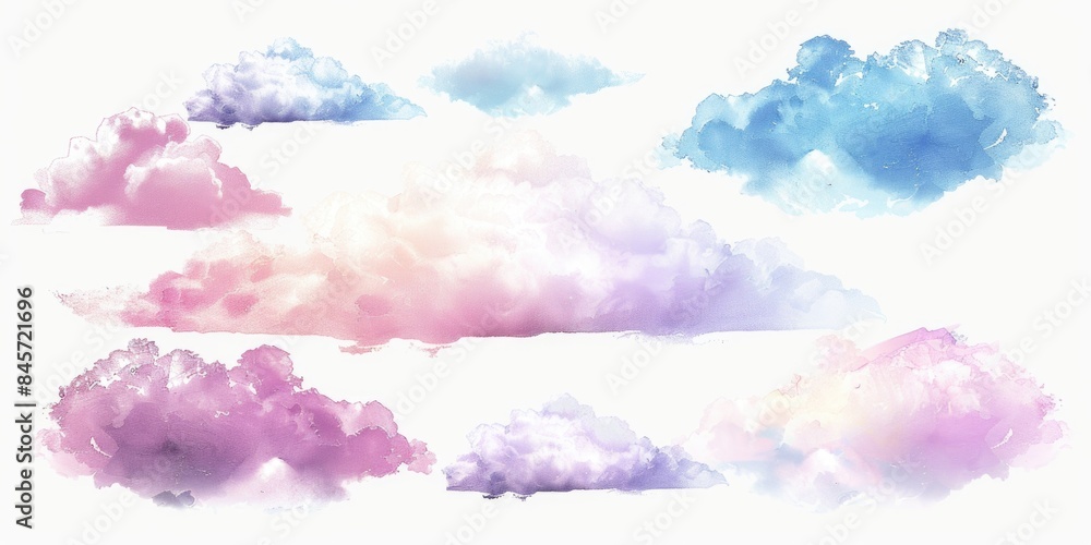 Poster A set of soft and fluffy watercolor clouds on a white background, great for adding a touch of whimsy to any design