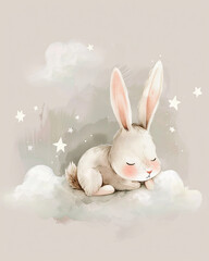 Dreamy nursery setting minimalistic style soft watercolor textures subdued pastels gentle clouds subtle stars tranquil peaceful sleeping atmosphere stock illustration photo elephant, kitten, lambs, bu