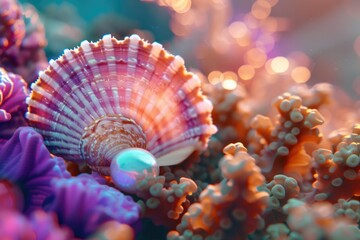 A detailed view of a shell attached to a coral reef, suitable for use in underwater or ocean-themed contexts