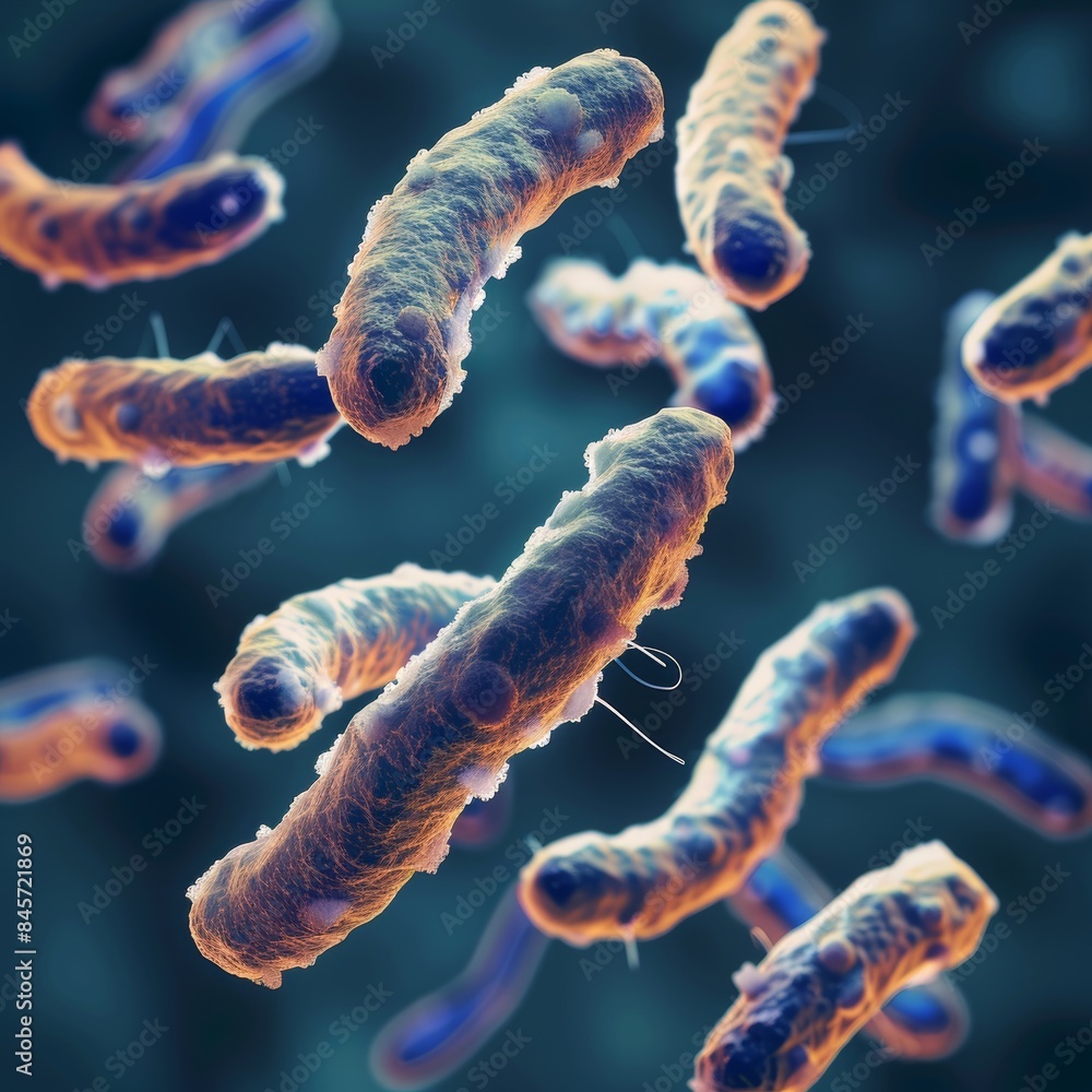 Poster close up of bacteria and virus cells in laboratory setting with vibrant blurred background