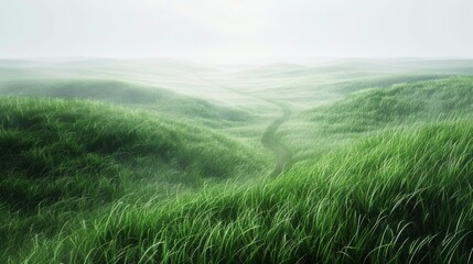 Naklejka premium gentle breeze rustling through a vast lush green grass meadow, with a winding path leading into the distance.