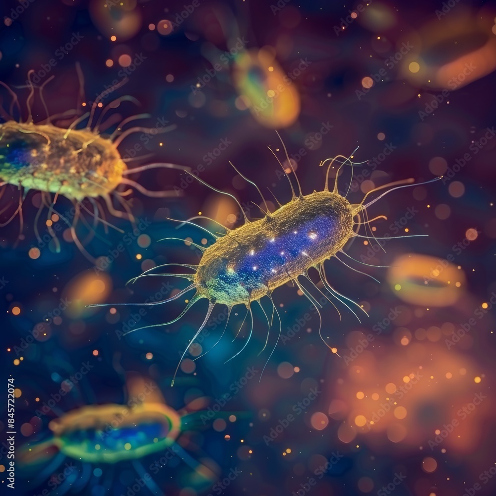 Poster close up view of bacteria and virus cells in laboratory setting with vibrant blurred background