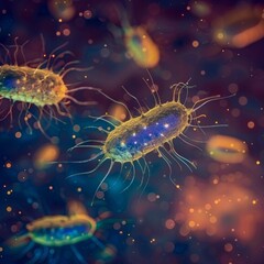 Fototapeta premium Close up view of bacteria and virus cells in laboratory setting with vibrant blurred background