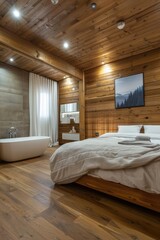 A modern bedroom with a large bed and a freestanding bathtub, suitable for use in travel or lifestyle editorial