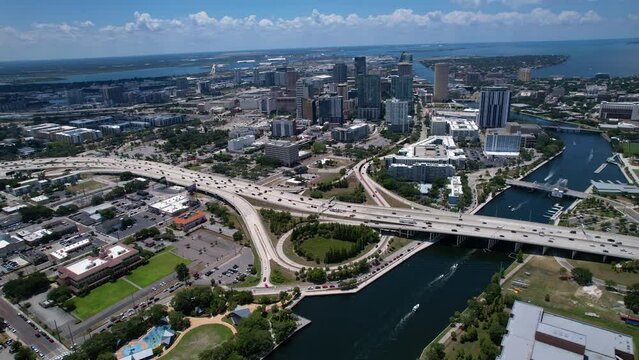 Beautiful cinematic aerial view of the Tampa bay City, it's  Skyscrapers and Ybor city 