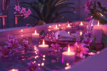 A bath tub filled with candles and flowers, perfect for a relaxing evening or romantic getaway