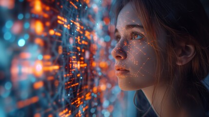 A woman stares intently at a holographic screen, seemingly engrossed in a math lesson.