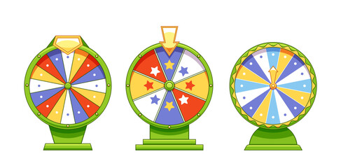 Set Of Three Colorful Wheel Of Fortune Games Featuring Vibrant Patterns, Arrows, And Symbols. Lucky Wheels