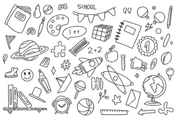 Set of doodle elements back to school. White student stationery on a dark background.  School and Education supplies in sketch style. Vector graphics
