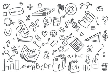 Set of doodle elements back to school. White student stationery on a dark background.  School and Education supplies in sketch style. Vector graphics