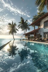 Fototapeta premium A large swimming pool situated next to a beach with palm trees