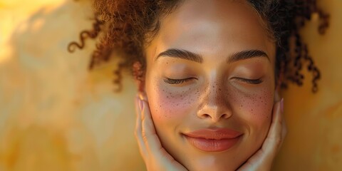 Obraz premium against a beige background a beauty spa model closes her eyes and touches her face