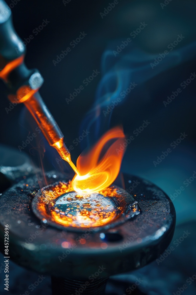 Poster a close-up shot of a metal object with a flame burning bright