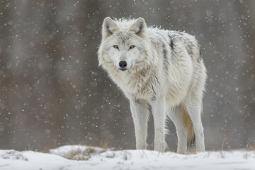Obraz premium Majestic white wolf gracefully wandering through the tranquil and snow covered wilderness