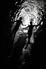 Fototapeta premium A pair of individuals standing in a calm body of water, possibly for relaxation or enjoyment