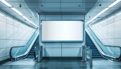 Fototapeta premium Mock up Poster media template Ads display in Subway station escalator 