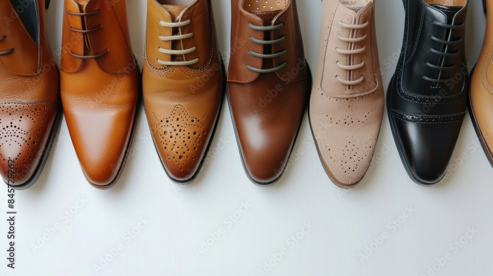 Poster row of men's shoes in a single line, great for editorial or commercial use