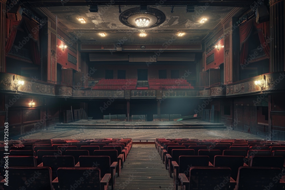 Aufkleber an empty theater with red seats and a chandelier, suitable for use in commercial or artistic setting