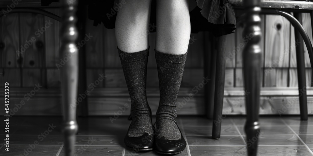 Poster Image shows a person sitting at a table with their legs visible, suitable for use in illustrations or scenarios where a person is interacting with a surface