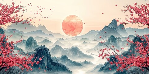 a japanese template with a cherry blossom flower and a hand drawn wave decoration modern a mountain forest background is paired with an abstract art banner in a vintage style