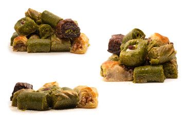 Turkish pistachio baklava isolated on a white background. A variety of turkish sweet baklava.