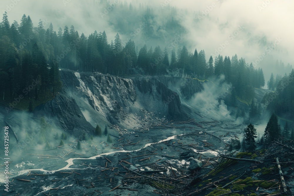Poster a serene river flows gently through a forest filled with tall trees, creating a peaceful atmosphere