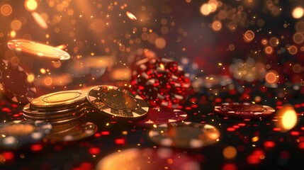 A pile of gold coins and casino chips on a table, perfect for financial or entertainment related concepts