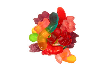 Assorted colorful gummy candies isolated on a white background. Top view. Jelly  sweets.
