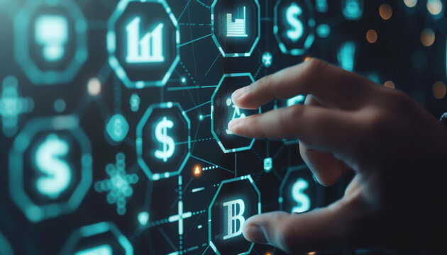 Online banking and digital money concept with man finger on virtual touch screen interface with central bank layout surrounded currency signs: dollar, euro, ruble and yen on abstract