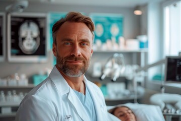 Confident doctor in modern medical clinic with patient in background
