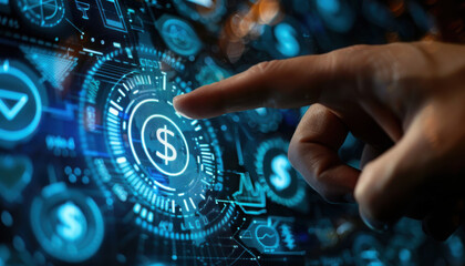 Online banking and digital money concept with man finger on virtual touch screen interface with central bank layout surrounded currency signs: dollar, euro, ruble and yen on abstract 